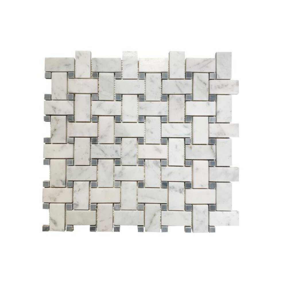 Carrara White 1X2 With Gray Dot Basketweave Polished Mosaic