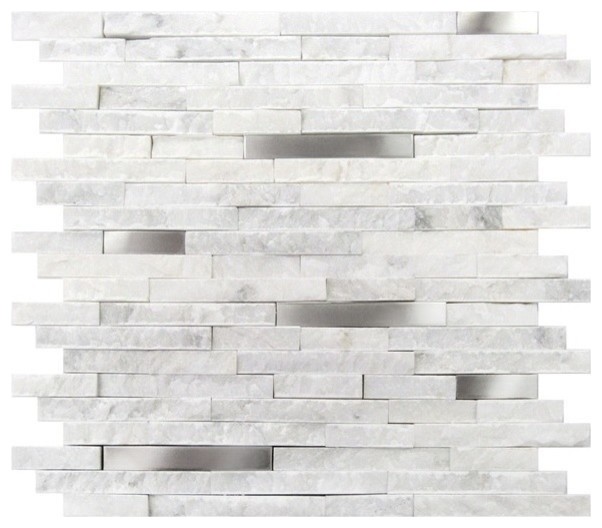 Carrara White Split Face Stainless Steel Interlocking Mosaic
