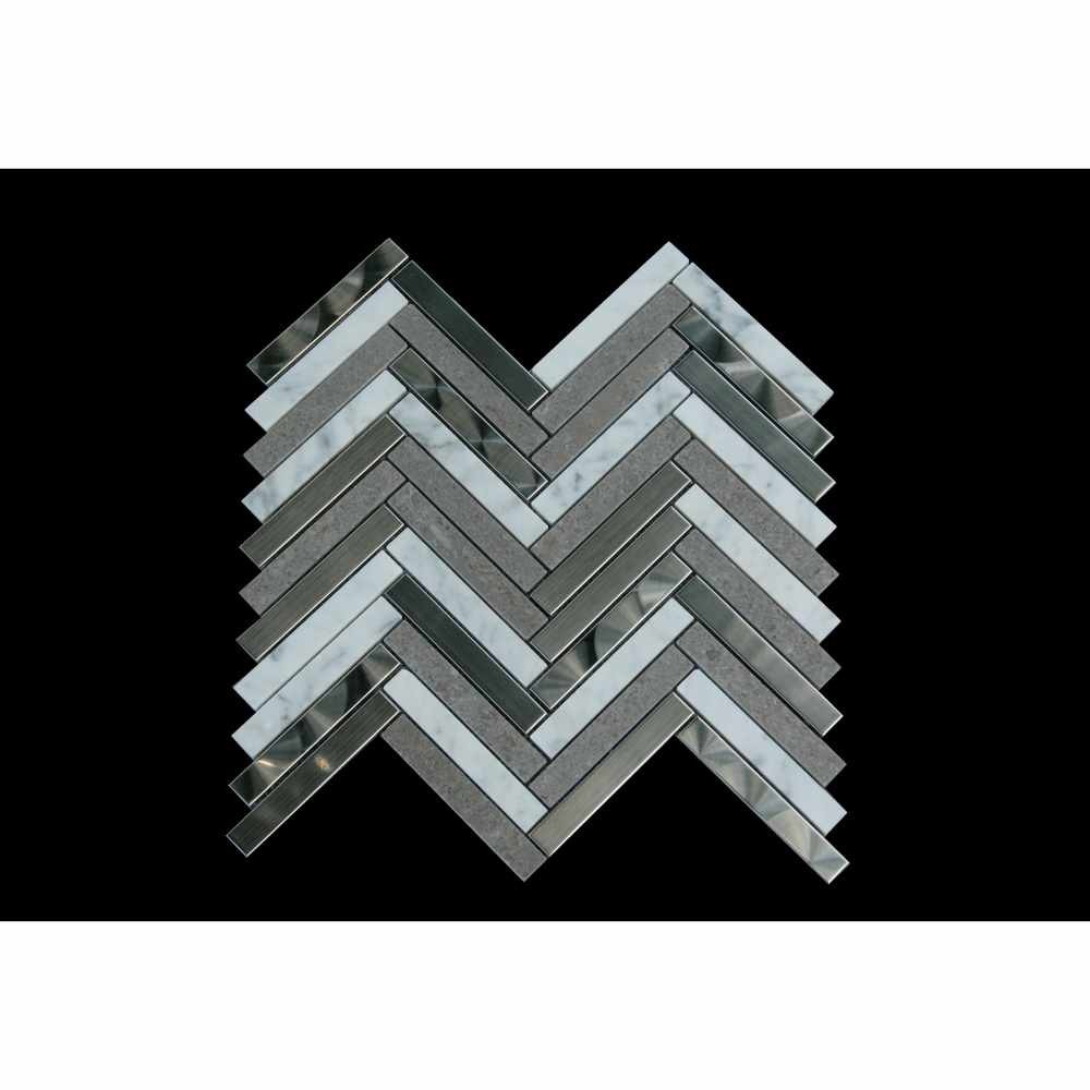 Carrara White 1X3 Herringbone Stainless Steel Mosaic