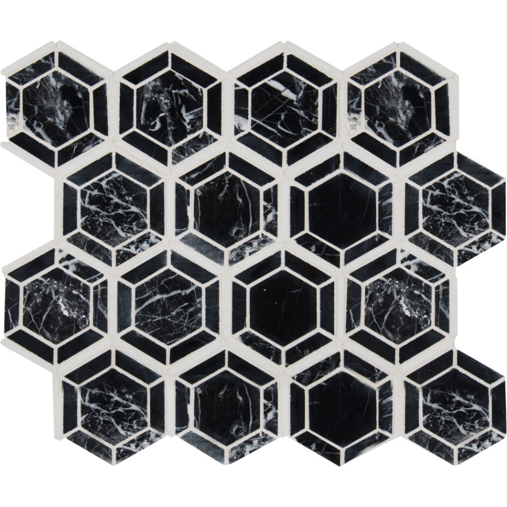 Hexagono Nero Pattern Polished Marble Mosaic