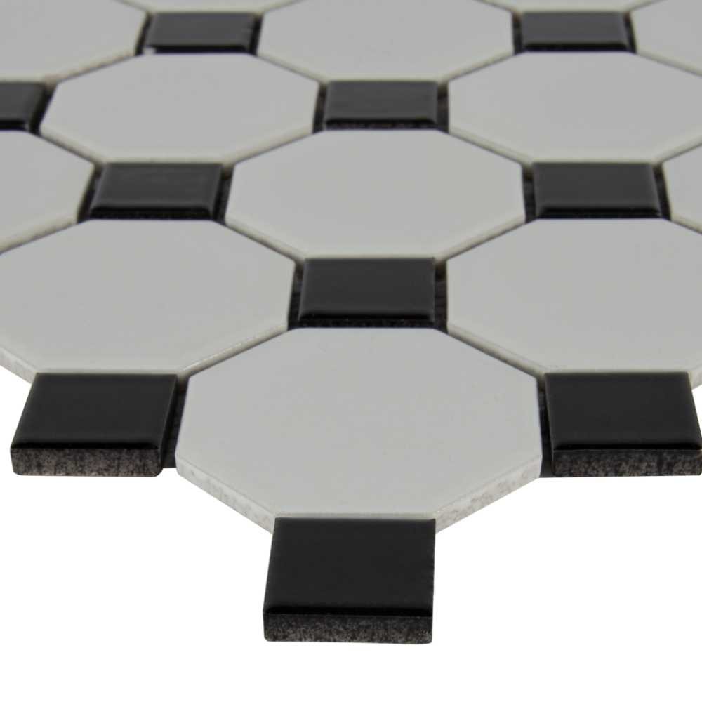 Retro Bianco Octagon Glossy White And Black Porcelain Mosaic Tile