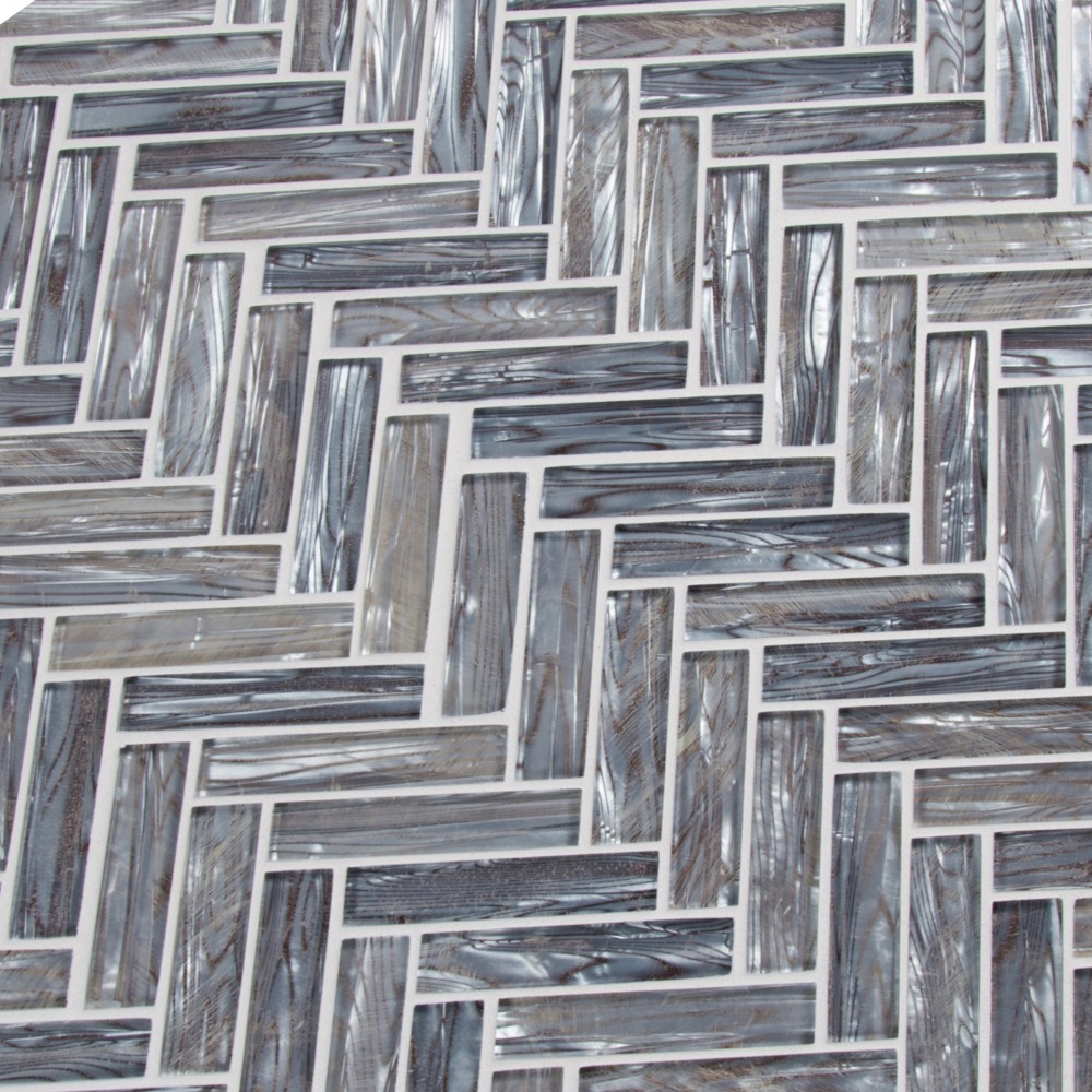 Shimmering Silver Herringbone 12X12 8mm Glossy Glass Mosaic Tile-2