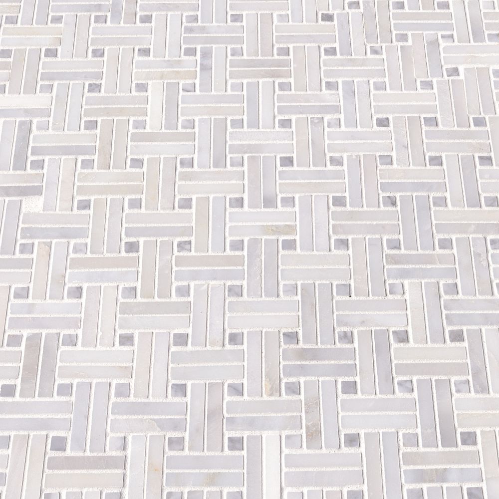 Greecian White With Gray Dot Basketweave Polished Pattern Mosaic