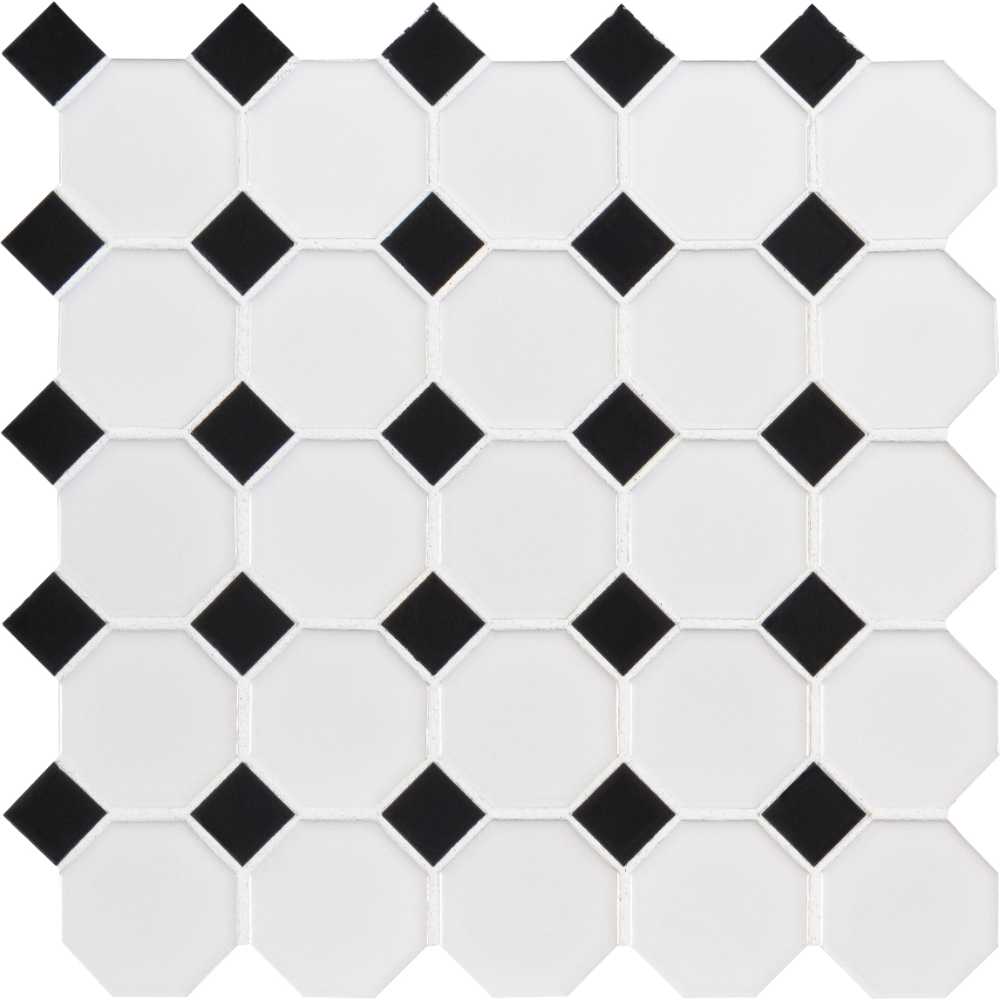 Retro Bianco Octagon Glossy White And Black Porcelain Mosaic Tile